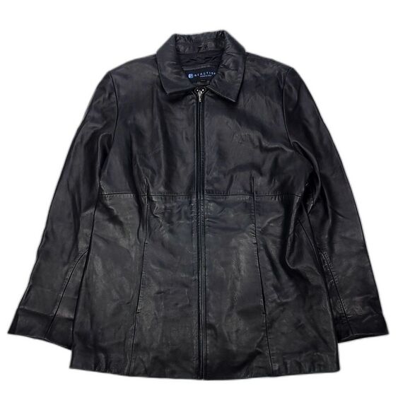 VINTAGE 90s Dad Minimal Long Zip Up Genuine Leather Jacket Womens XL Black Y2k